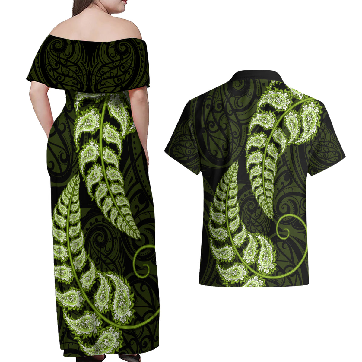Green New Zealand Paisley Silver Fern Couples Matching Off Shoulder Maxi Dress and Hawaiian Shirt Aotearoa Maori LT14 - Polynesian Pride