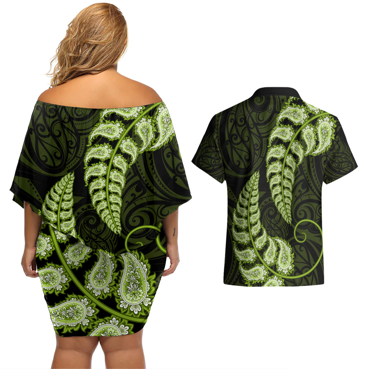 Green New Zealand Paisley Silver Fern Couples Matching Off Shoulder Short Dress and Hawaiian Shirt Aotearoa Maori LT14 - Polynesian Pride