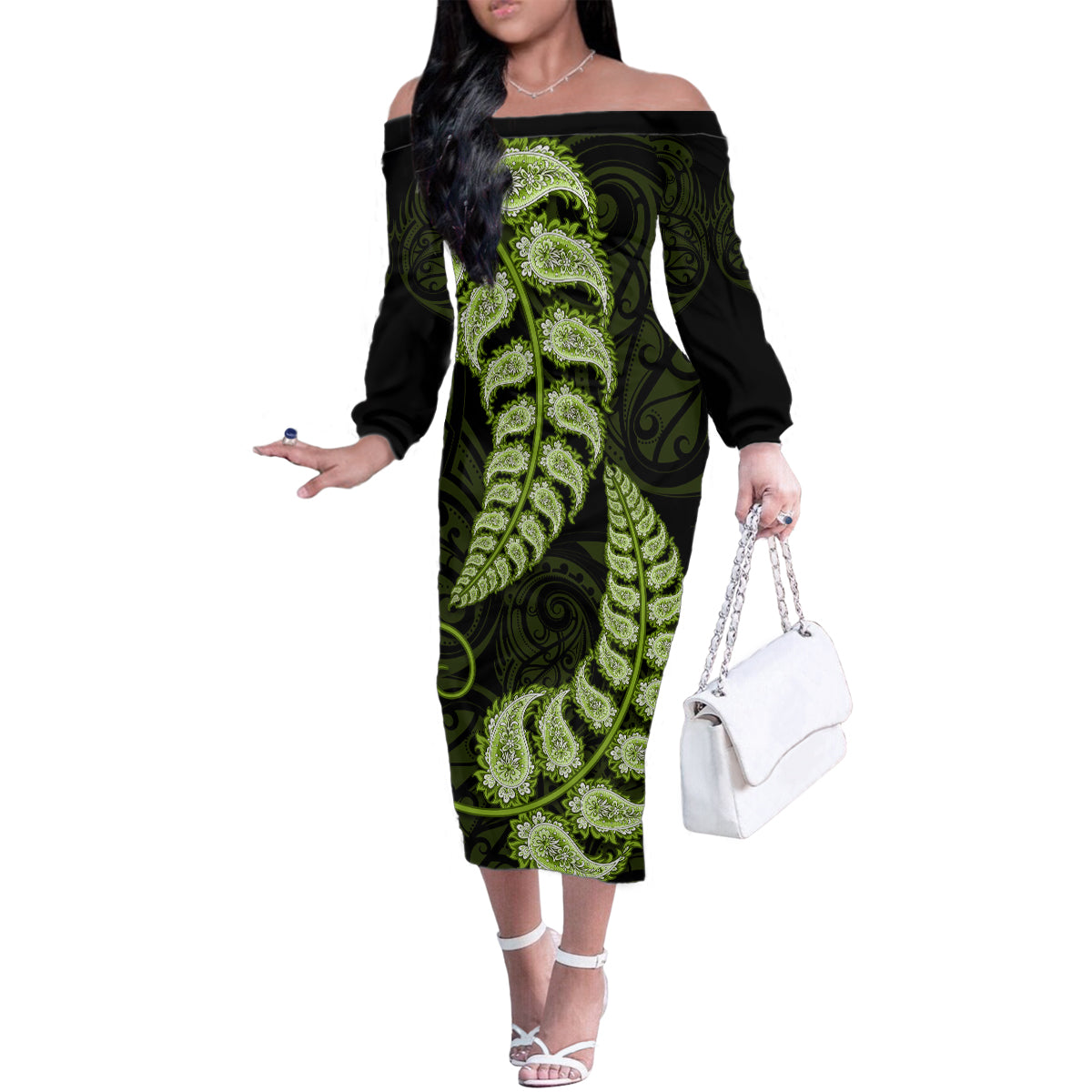 Green New Zealand Paisley Silver Fern Family Matching Off Shoulder Long Sleeve Dress and Hawaiian Shirt Aotearoa Maori LT14 Mom's Dress Green - Polynesian Pride