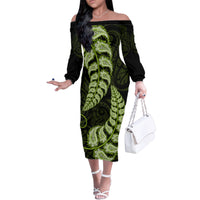 Green New Zealand Paisley Silver Fern Family Matching Off Shoulder Long Sleeve Dress and Hawaiian Shirt Aotearoa Maori LT14 Mom's Dress Green - Polynesian Pride