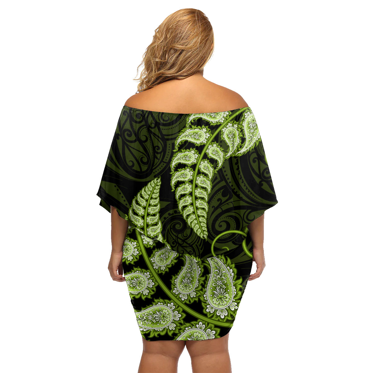 Green New Zealand Paisley Silver Fern Family Matching Off Shoulder Short Dress and Hawaiian Shirt Aotearoa Maori LT14 - Polynesian Pride