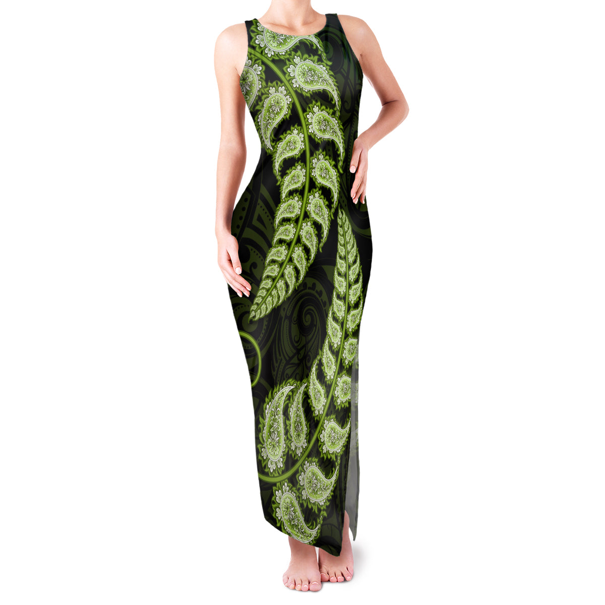 Green New Zealand Paisley Silver Fern Family Matching Tank Maxi Dress and Hawaiian Shirt Aotearoa Maori LT14 Mom's Dress Green - Polynesian Pride