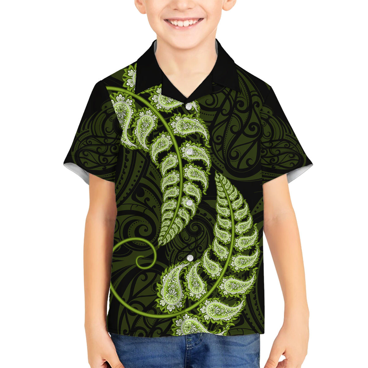 Green New Zealand Paisley Silver Fern Family Matching Tank Maxi Dress and Hawaiian Shirt Aotearoa Maori LT14 Son's Shirt Green - Polynesian Pride