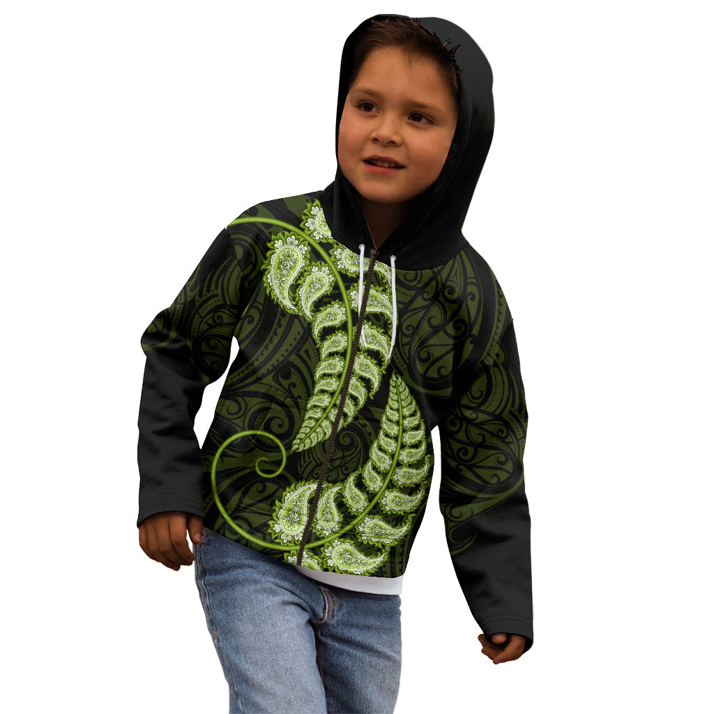 Green New Zealand Paisley Silver Fern Kid Hoodie Aotearoa Maori LT14 - Polynesian Pride