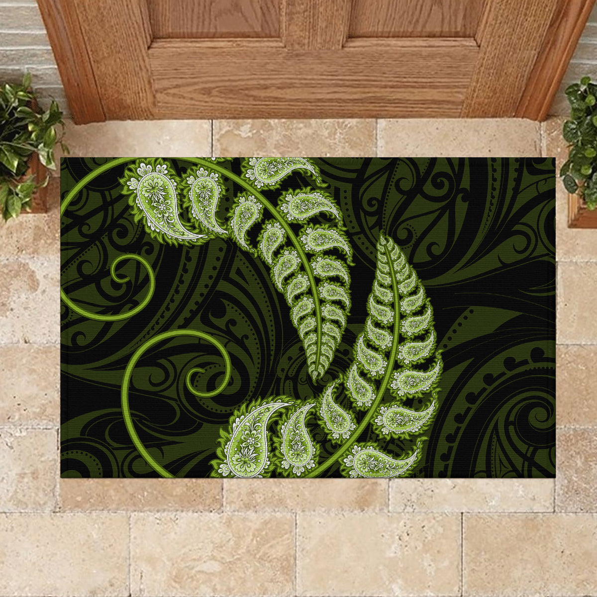 Green New Zealand Paisley Silver Fern Rubber Doormat Aotearoa Maori LT14 - Polynesian Pride