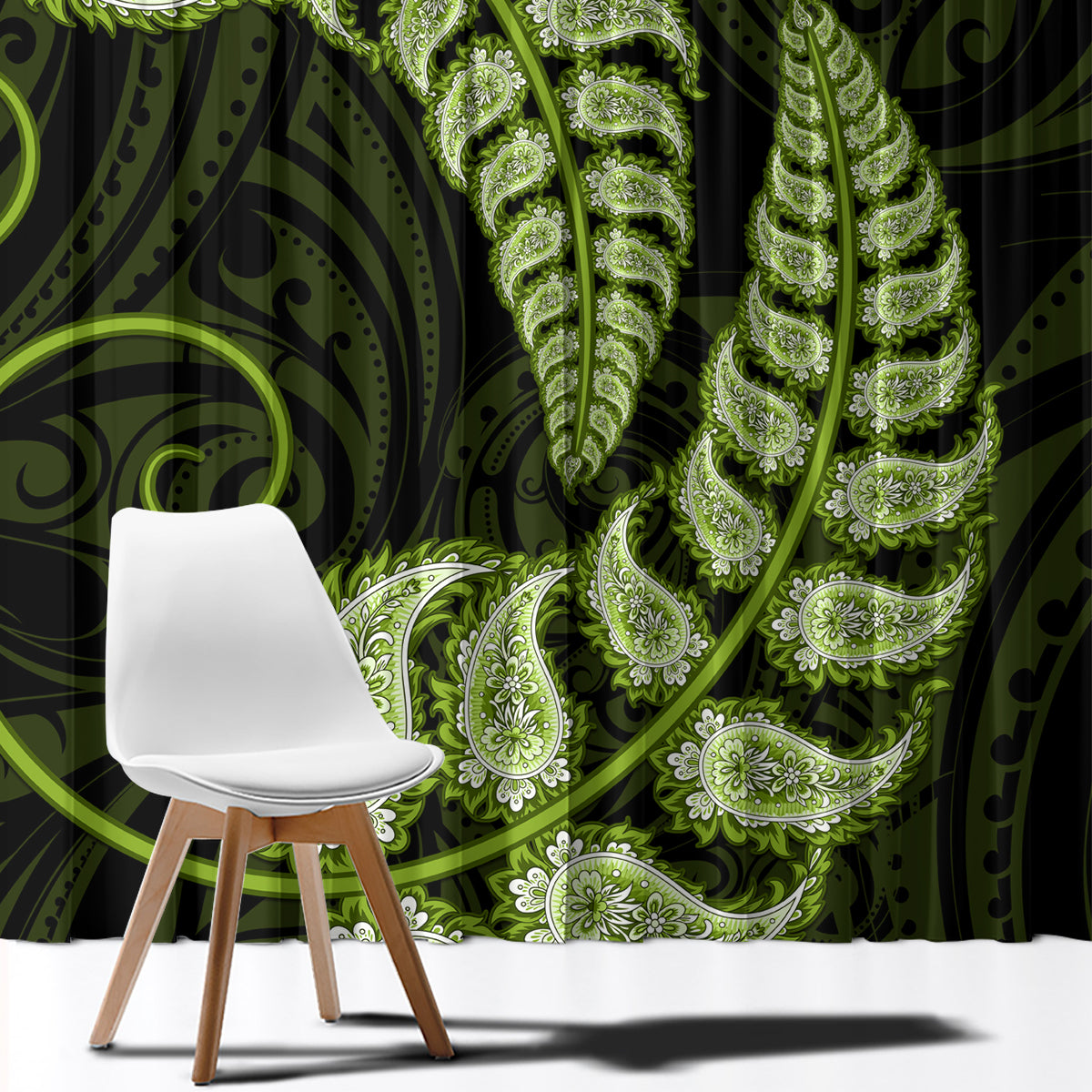 Green New Zealand Paisley Silver Fern Window Curtain Aotearoa Maori LT14 - Polynesian Pride