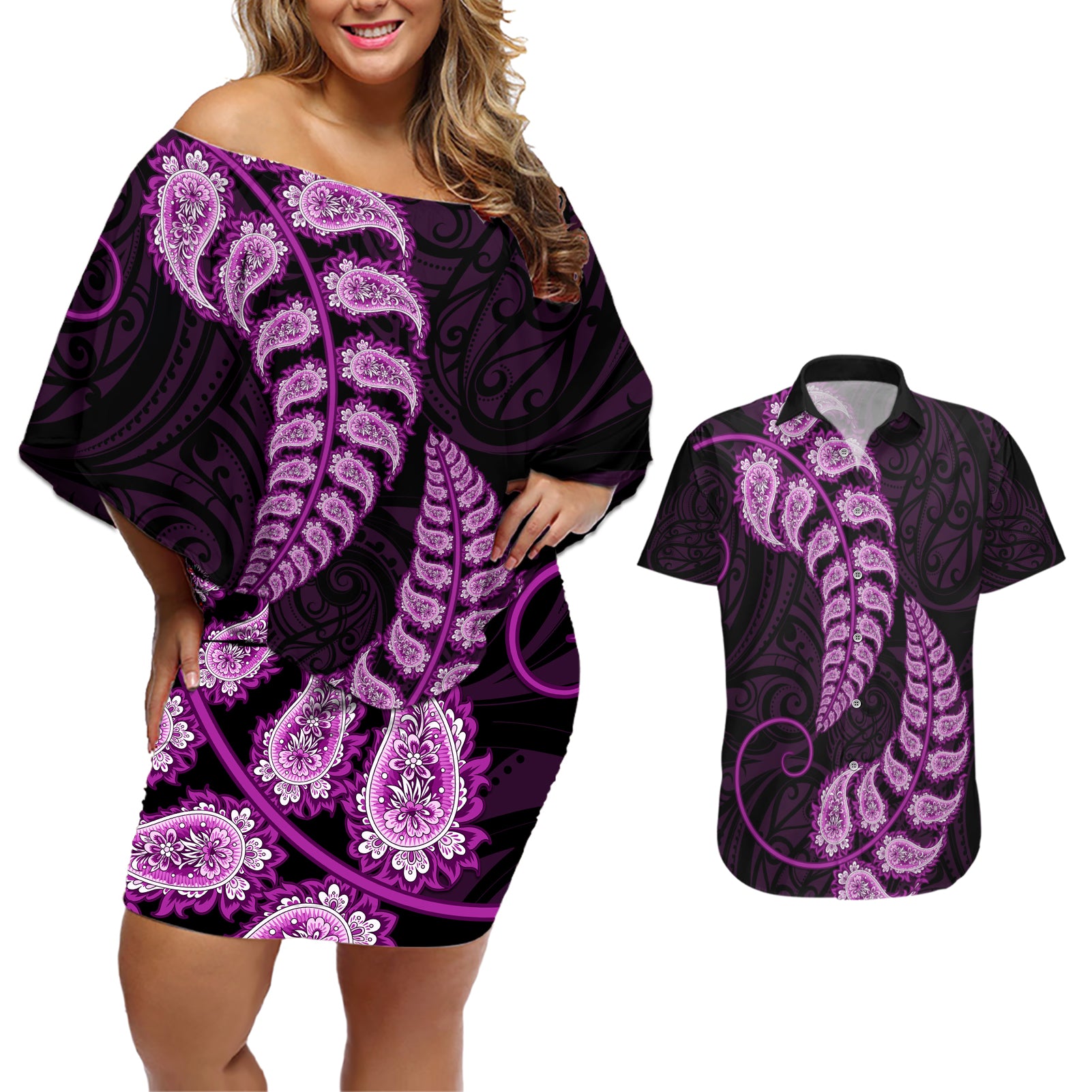 Purple New Zealand Paisley Silver Fern Couples Matching Off Shoulder Short Dress and Hawaiian Shirt Aotearoa Maori LT14 Purple - Polynesian Pride