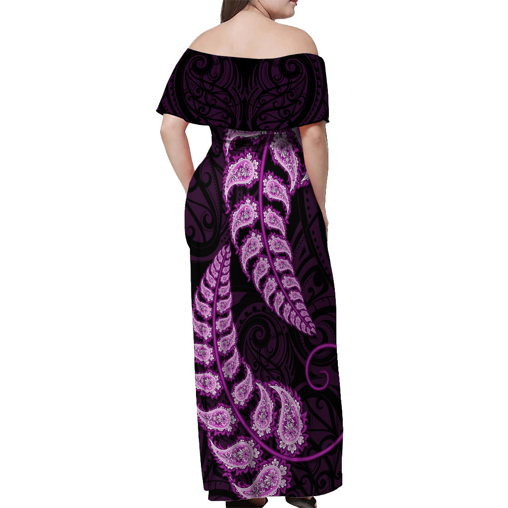 Purple New Zealand Paisley Silver Fern Off Shoulder Maxi Dress Aotearoa Maori LT14 - Polynesian Pride