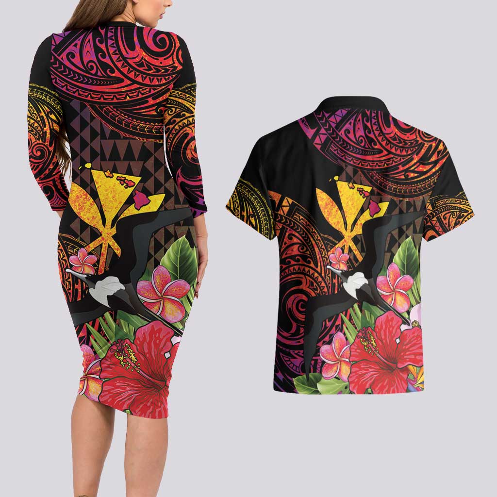 Hawaii Iwa Bird Couples Matching Long Sleeve Bodycon Dress and Hawaiian Shirt Great Frigatebird Kanaka Tropical Hippie Style - Polynesian Pride