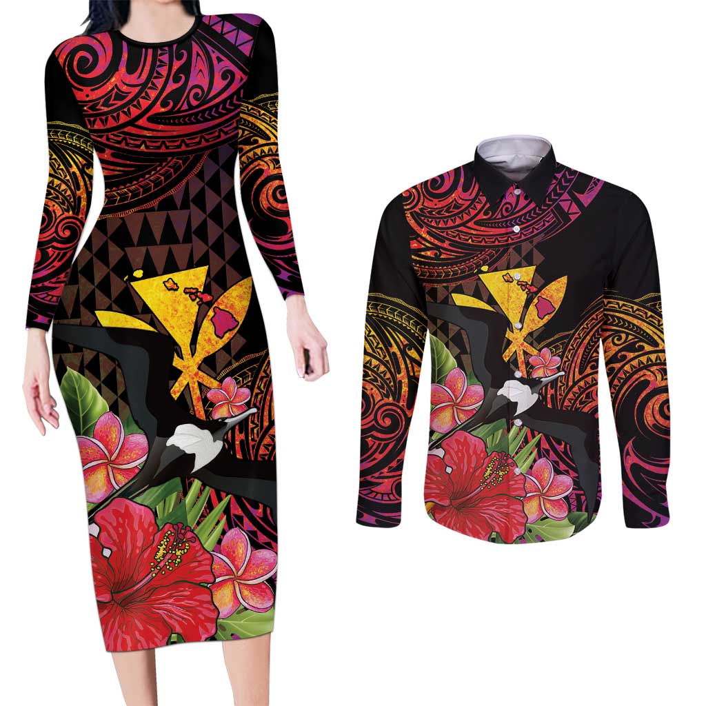 Hawaii Iwa Bird Couples Matching Long Sleeve Bodycon Dress and Long Sleeve Button Shirt Great Frigatebird Kanaka Tropical Hippie Style - Polynesian Pride