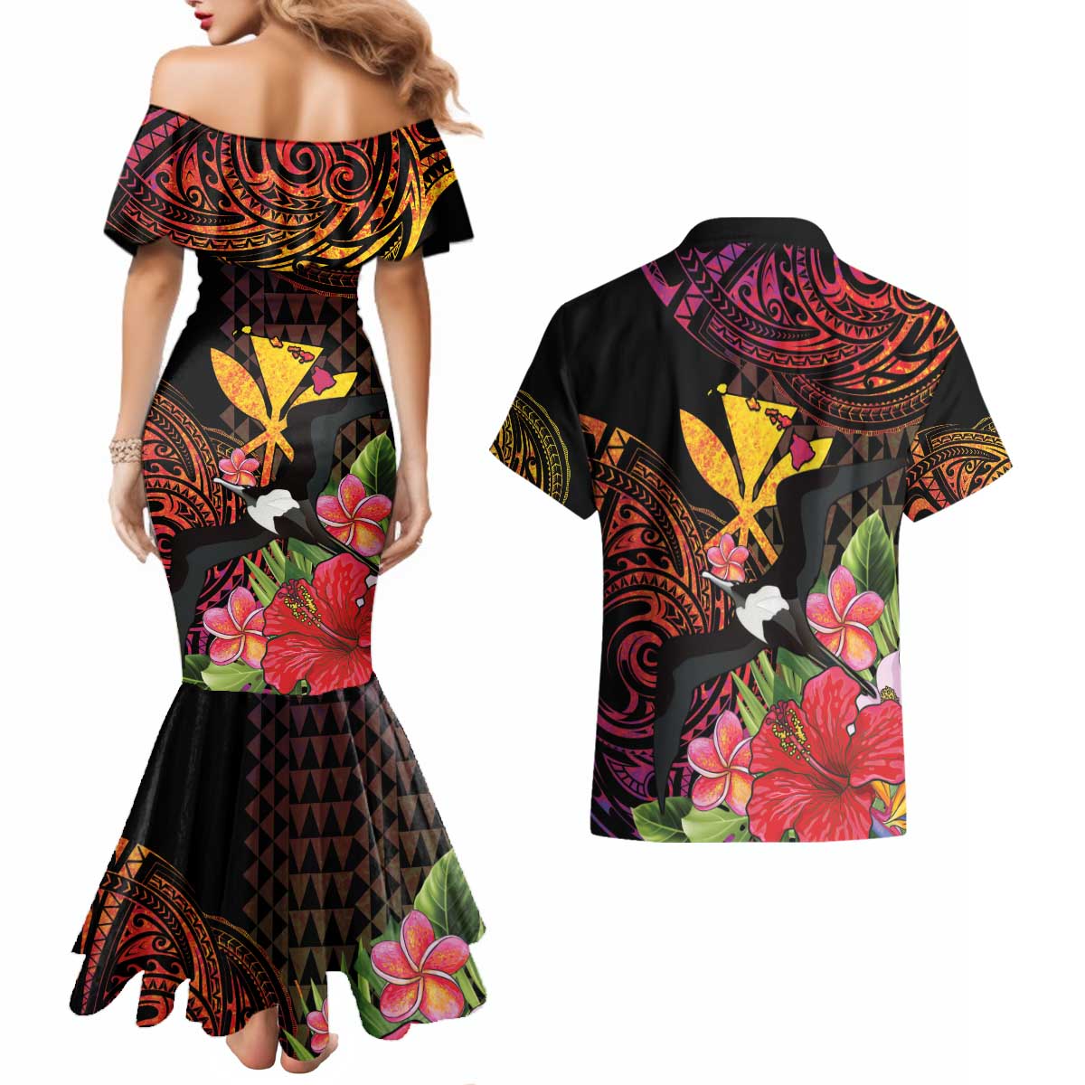 Hawaii Iwa Bird Couples Matching Mermaid Dress and Hawaiian Shirt Great Frigatebird Kanaka Tropical Hippie Style - Polynesian Pride