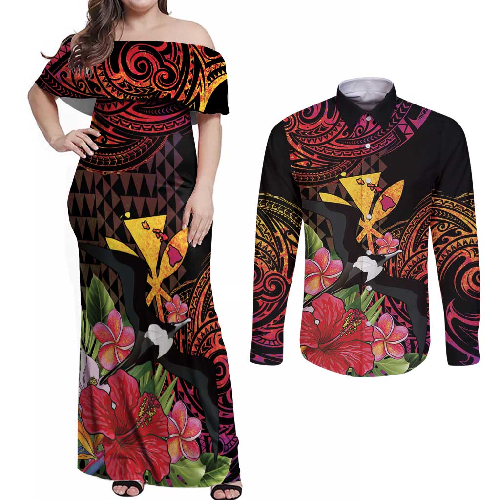 Hawaii Iwa Bird Couples Matching Off Shoulder Maxi Dress and Long Sleeve Button Shirt Great Frigatebird Kanaka Tropical Hippie Style - Polynesian Pride