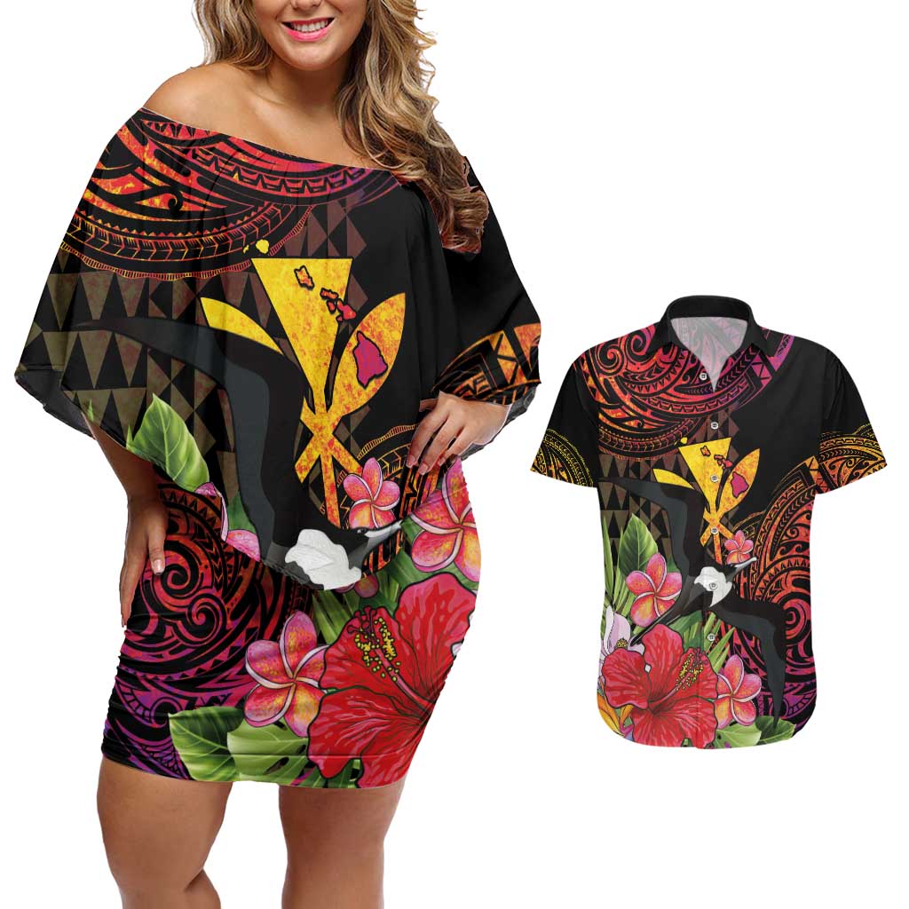 Hawaii Iwa Bird Couples Matching Off Shoulder Short Dress and Hawaiian Shirt Great Frigatebird Kanaka Tropical Hippie Style - Polynesian Pride