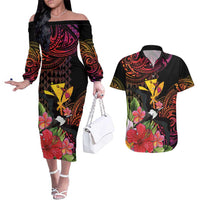 Hawaii Iwa Bird Couples Matching Off The Shoulder Long Sleeve Dress and Hawaiian Shirt Great Frigatebird Kanaka Tropical Hippie Style - Polynesian Pride