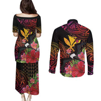 Hawaii Iwa Bird Couples Matching Puletasi and Long Sleeve Button Shirt Great Frigatebird Kanaka Tropical Hippie Style - Polynesian Pride