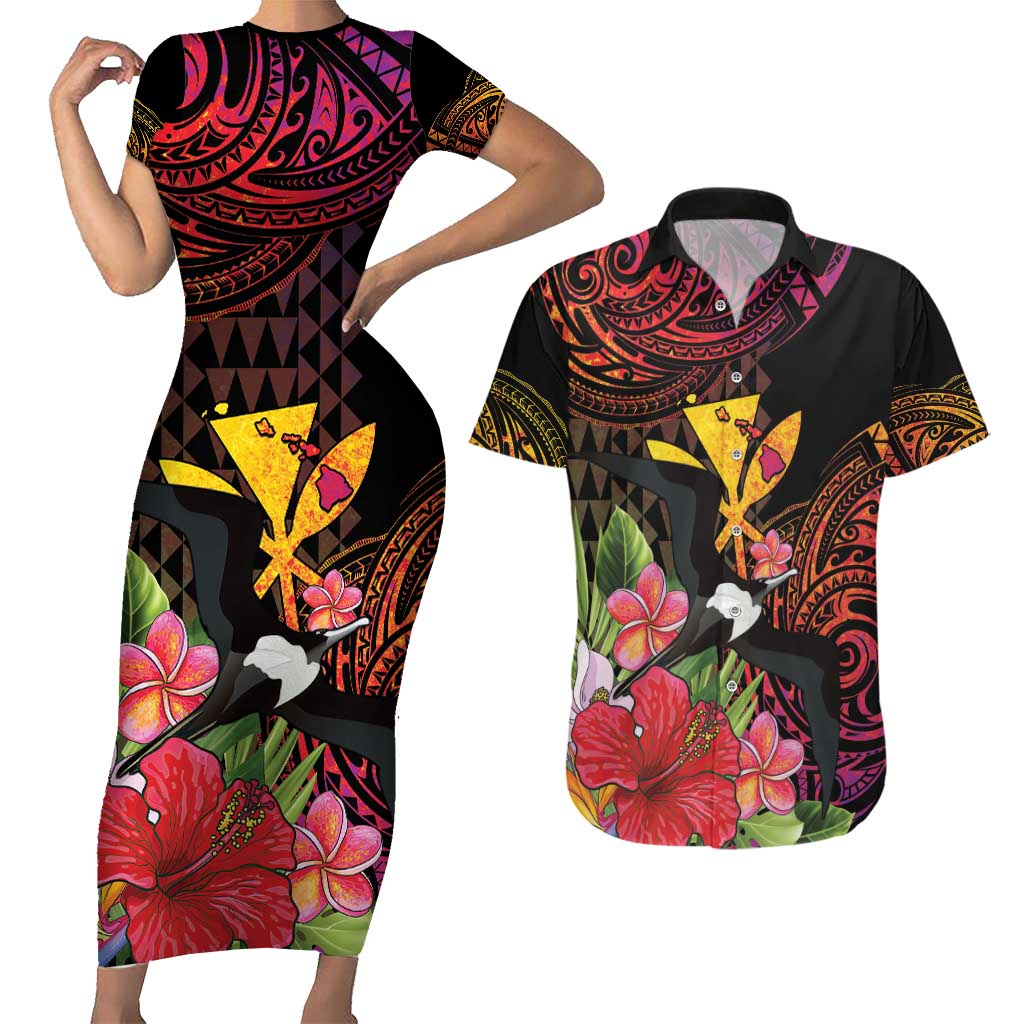 Hawaii Iwa Bird Couples Matching Short Sleeve Bodycon Dress and Hawaiian Shirt Great Frigatebird Kanaka Tropical Hippie Style - Polynesian Pride