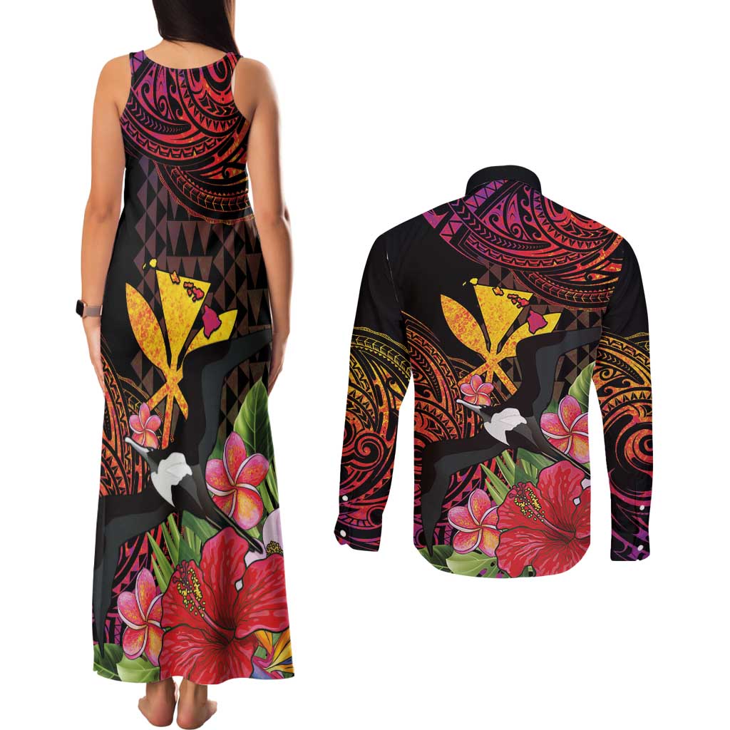 Hawaii Iwa Bird Couples Matching Tank Maxi Dress and Long Sleeve Button Shirt Great Frigatebird Kanaka Tropical Hippie Style - Polynesian Pride