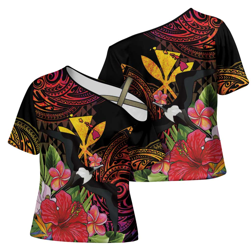 Hawaii Iwa Bird Cross Shoulder Shirt Great Frigatebird Kanaka Tropical Hippie Style - Polynesian Pride