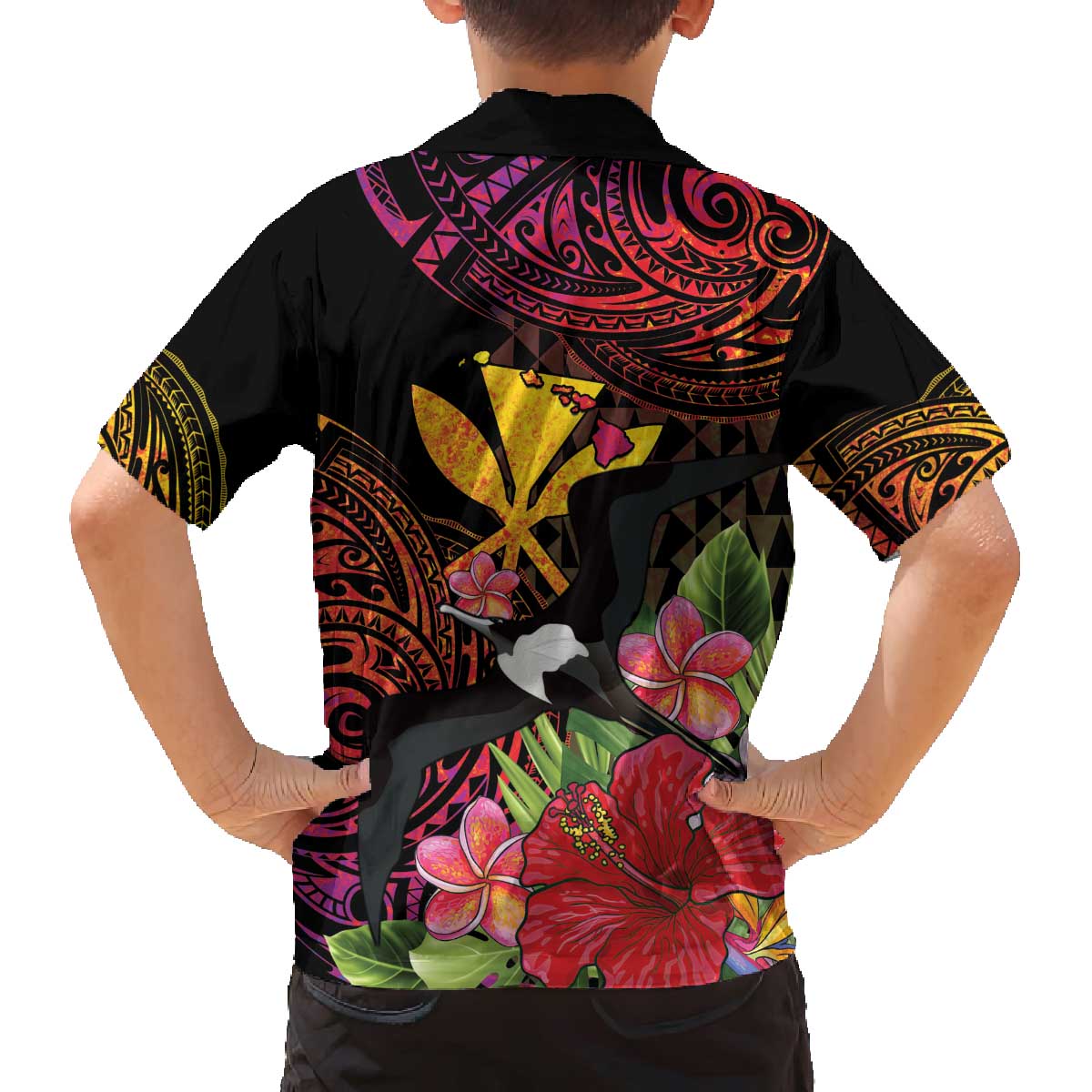 Hawaii Iwa Bird Family Matching Off The Shoulder Long Sleeve Dress and Hawaiian Shirt Great Frigatebird Kanaka Tropical Hippie Style - Polynesian Pride