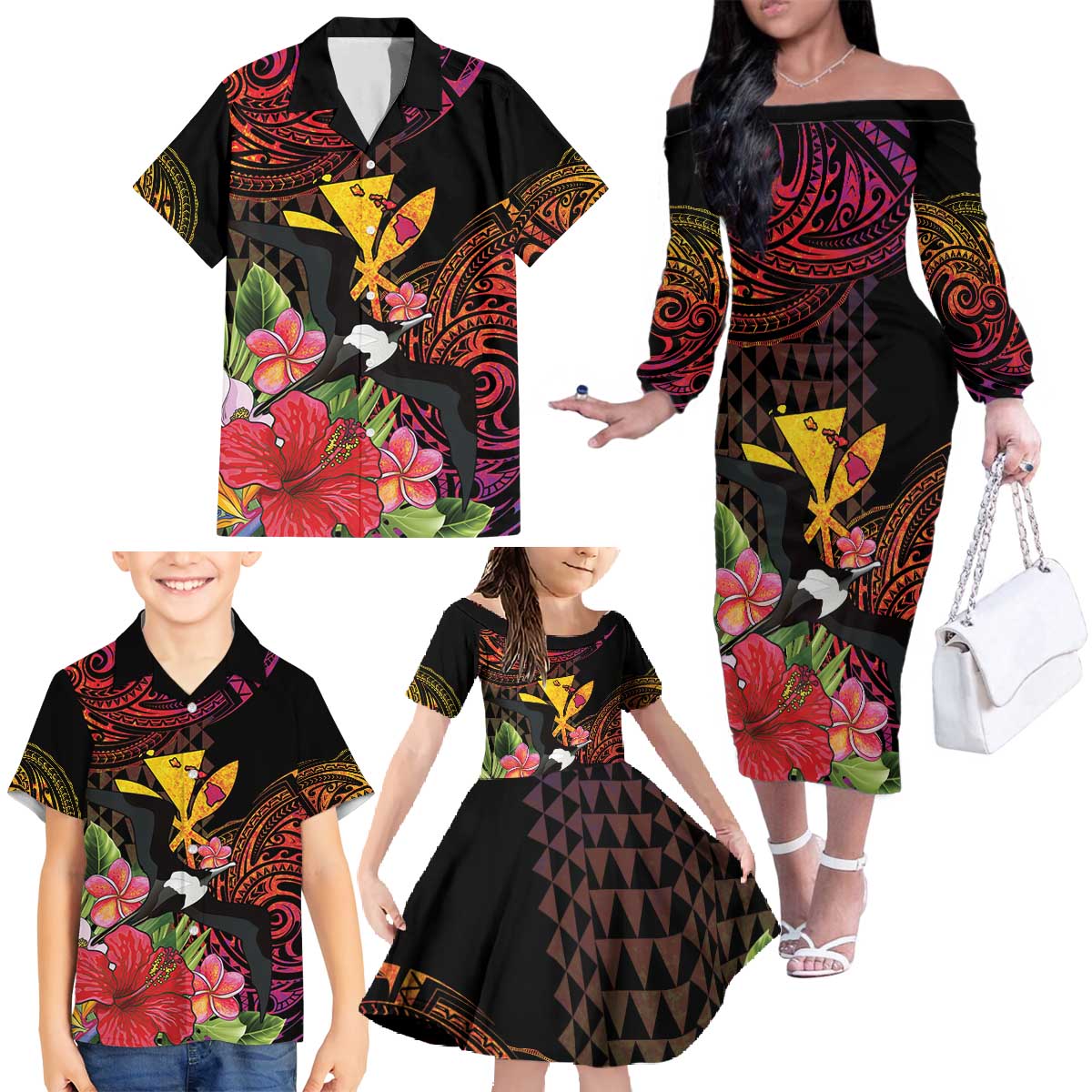 Hawaii Iwa Bird Family Matching Off The Shoulder Long Sleeve Dress and Hawaiian Shirt Great Frigatebird Kanaka Tropical Hippie Style - Polynesian Pride