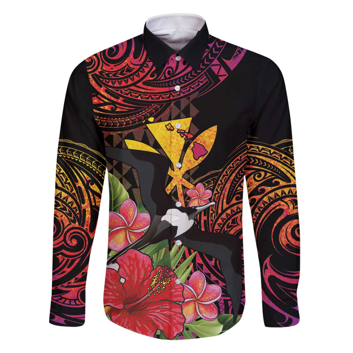 Hawaii Iwa Bird Family Matching Off The Shoulder Long Sleeve Dress and Hawaiian Shirt Great Frigatebird Kanaka Tropical Hippie Style - Polynesian Pride