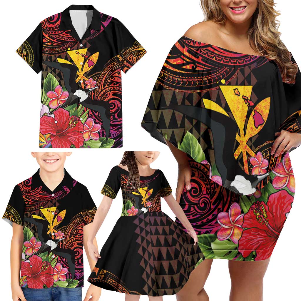 Hawaii Iwa Bird Family Matching Off Shoulder Short Dress and Hawaiian Shirt Great Frigatebird Kanaka Tropical Hippie Style - Polynesian Pride