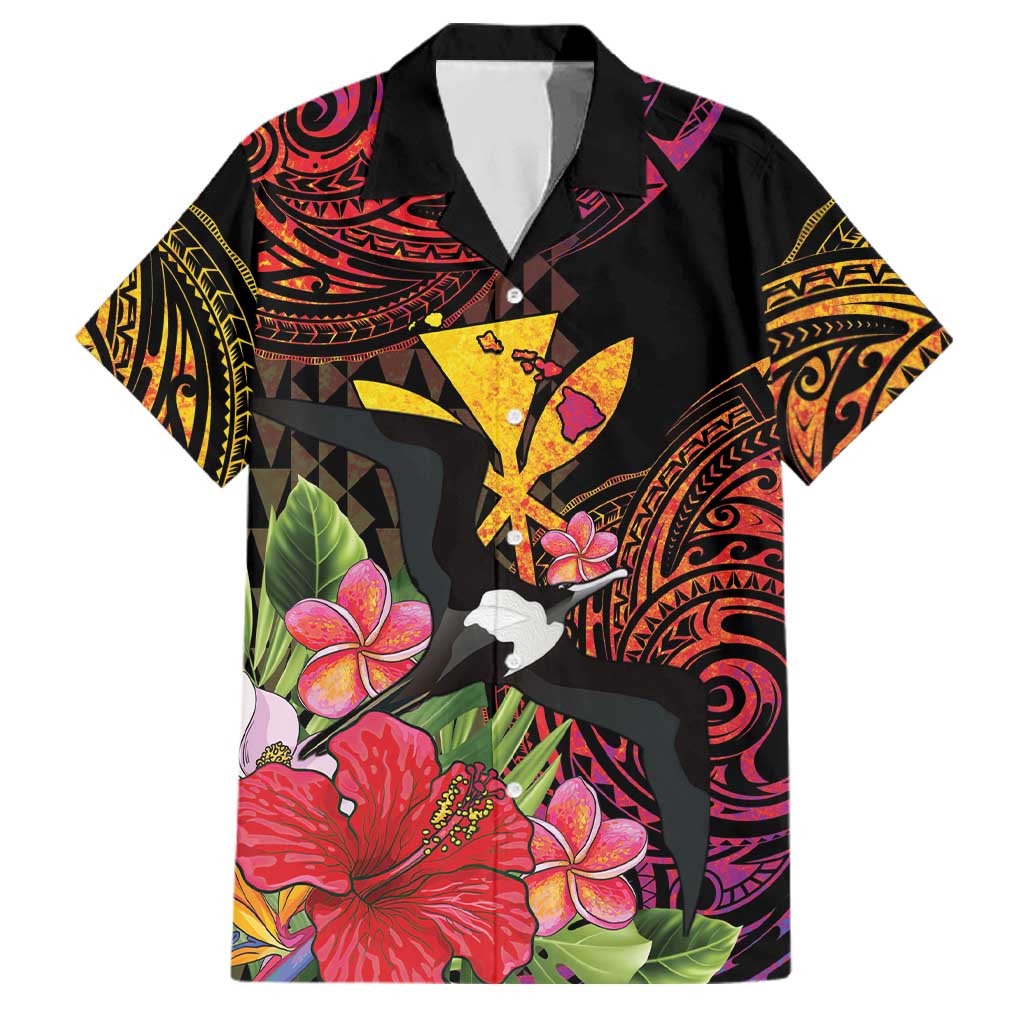 Hawaii Iwa Bird Family Matching Puletasi and Hawaiian Shirt Great Frigatebird Kanaka Tropical Hippie Style LT14 Dad's Shirt - Short Sleeve Black - Polynesian Pride