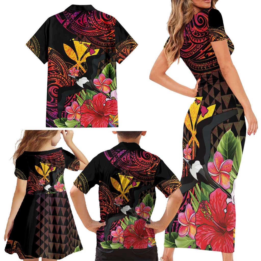 Hawaii Iwa Bird Family Matching Short Sleeve Bodycon Dress and Hawaiian Shirt Great Frigatebird Kanaka Tropical Hippie Style - Polynesian Pride