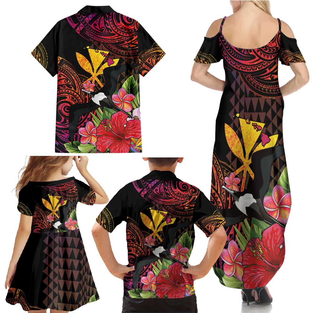 Hawaii Iwa Bird Family Matching Summer Maxi Dress and Hawaiian Shirt Great Frigatebird Kanaka Tropical Hippie Style - Polynesian Pride