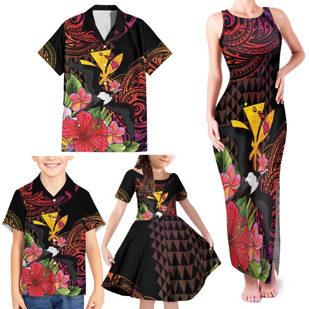 Hawaii Iwa Bird Family Matching Tank Maxi Dress and Hawaiian Shirt Great Frigatebird Kanaka Tropical Hippie Style - Polynesian Pride