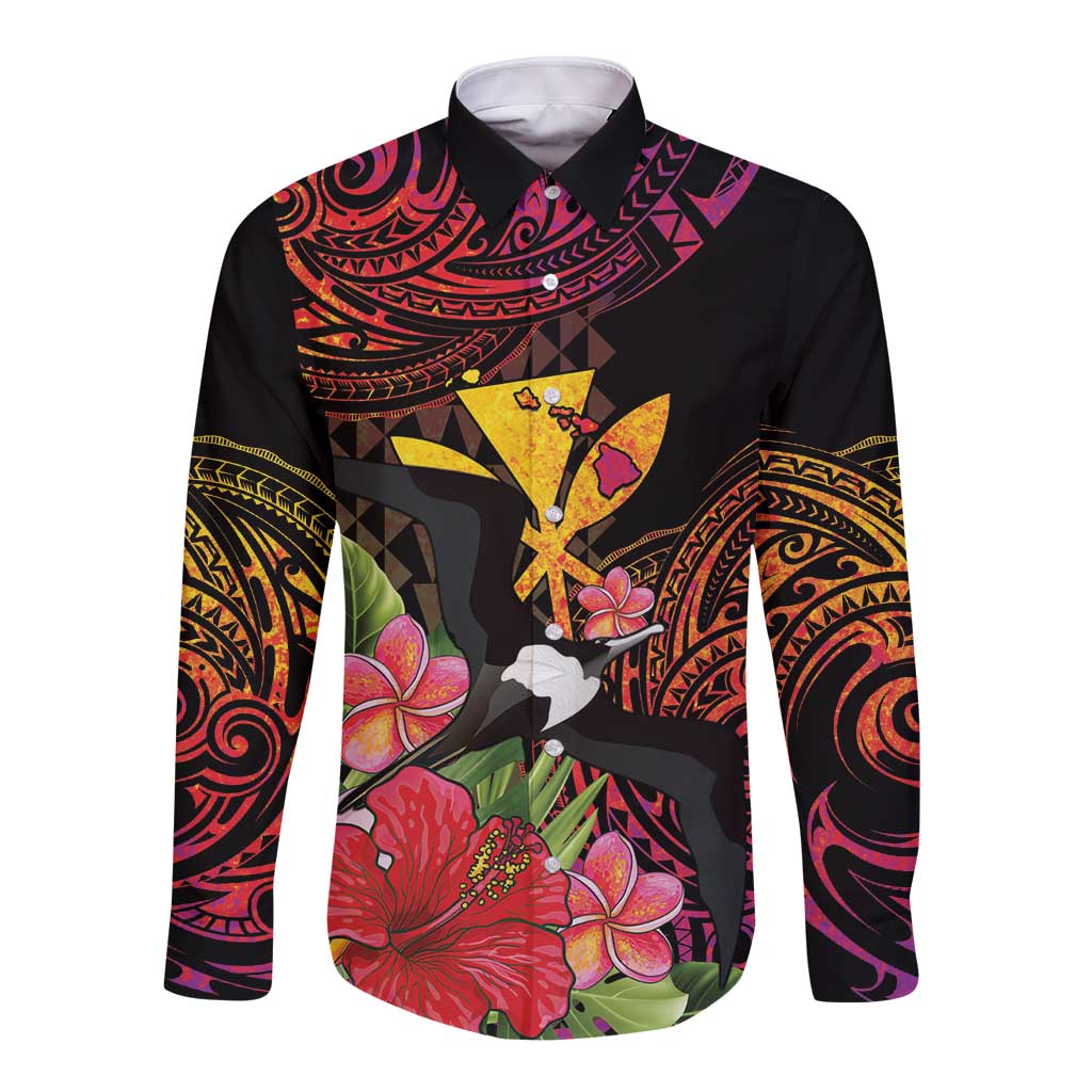 Hawaii Iwa Bird Long Sleeve Button Shirt Great Frigatebird Kanaka Tropical Hippie Style - Polynesian Pride