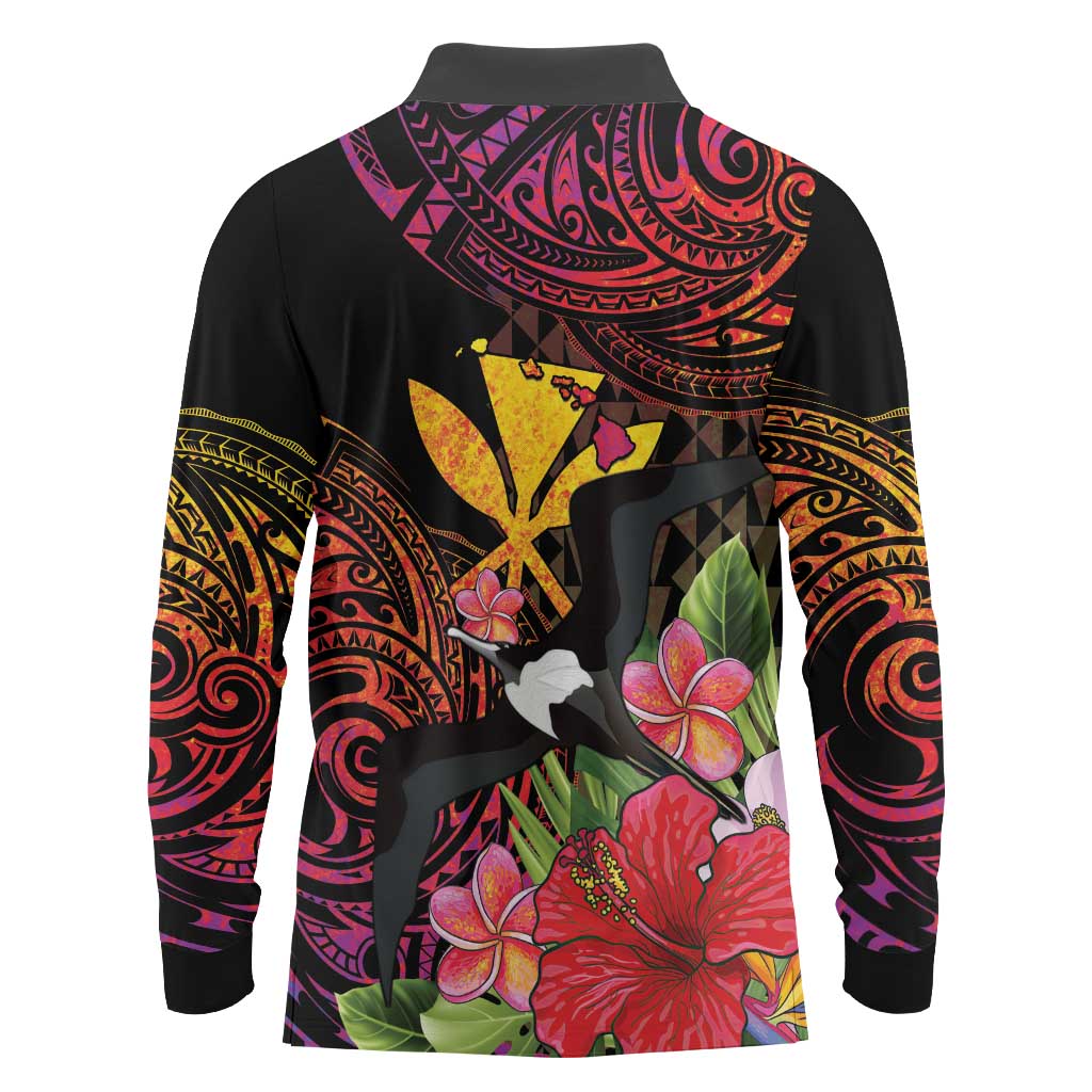 Hawaii Iwa Bird Long Sleeve Polo Shirt Great Frigatebird Kanaka Tropical Hippie Style - Polynesian Pride