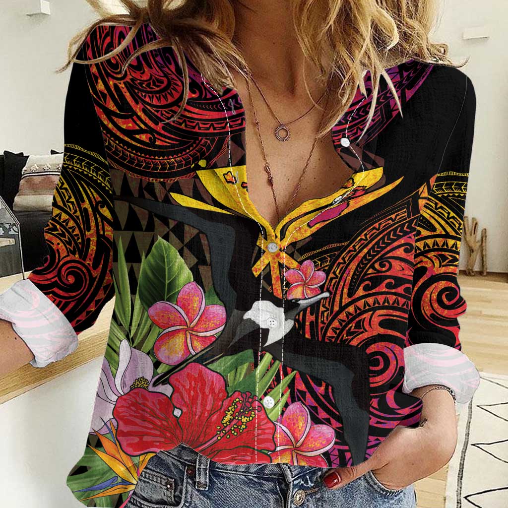 Hawaii Iwa Bird Women Casual Shirt Great Frigatebird Kanaka Tropical Hippie Style - Polynesian Pride