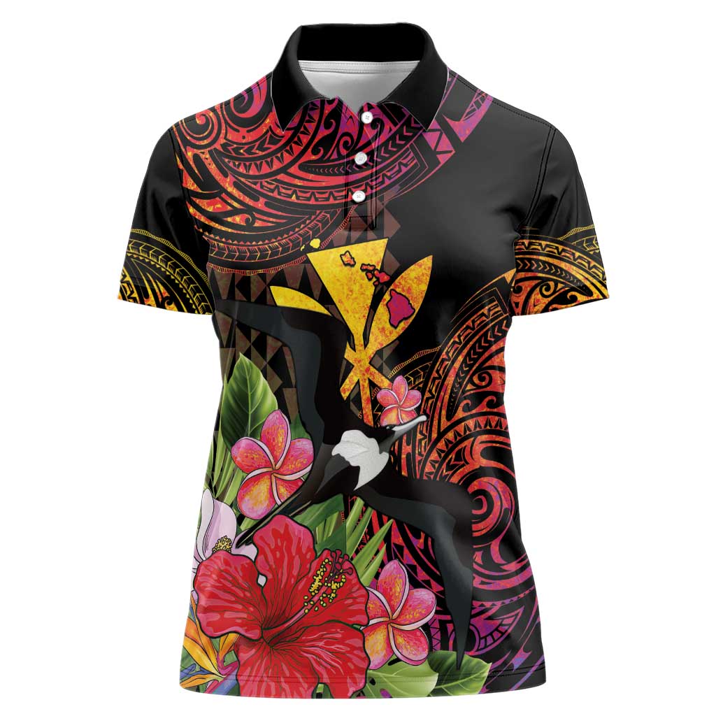 Hawaii Iwa Bird Women Polo Shirt Great Frigatebird Kanaka Tropical Hippie Style - Polynesian Pride