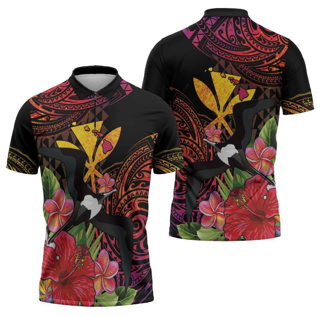 Hawaii Iwa Bird Zipper Polo Shirt Great Frigatebird Kanaka Tropical Hippie Style - Polynesian Pride