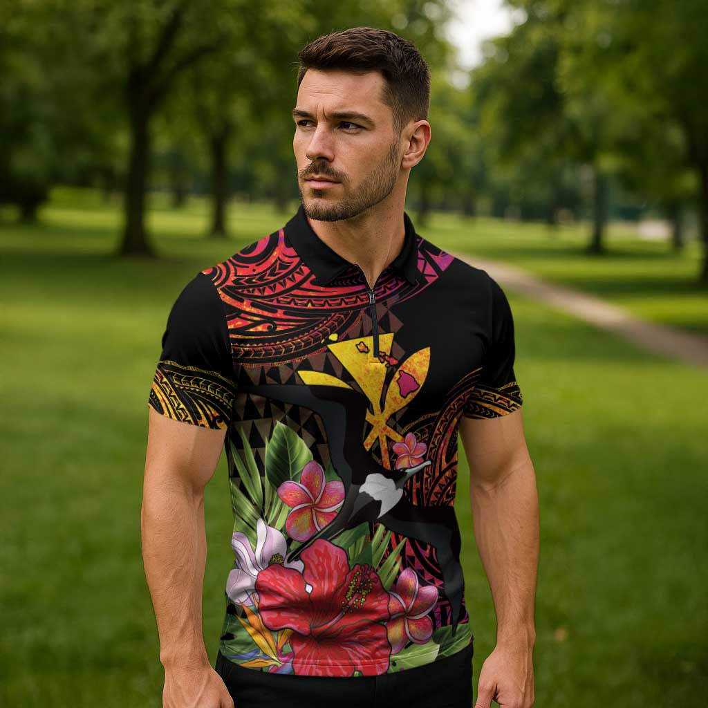 Hawaii Iwa Bird Zipper Polo Shirt Great Frigatebird Kanaka Tropical Hippie Style - Polynesian Pride