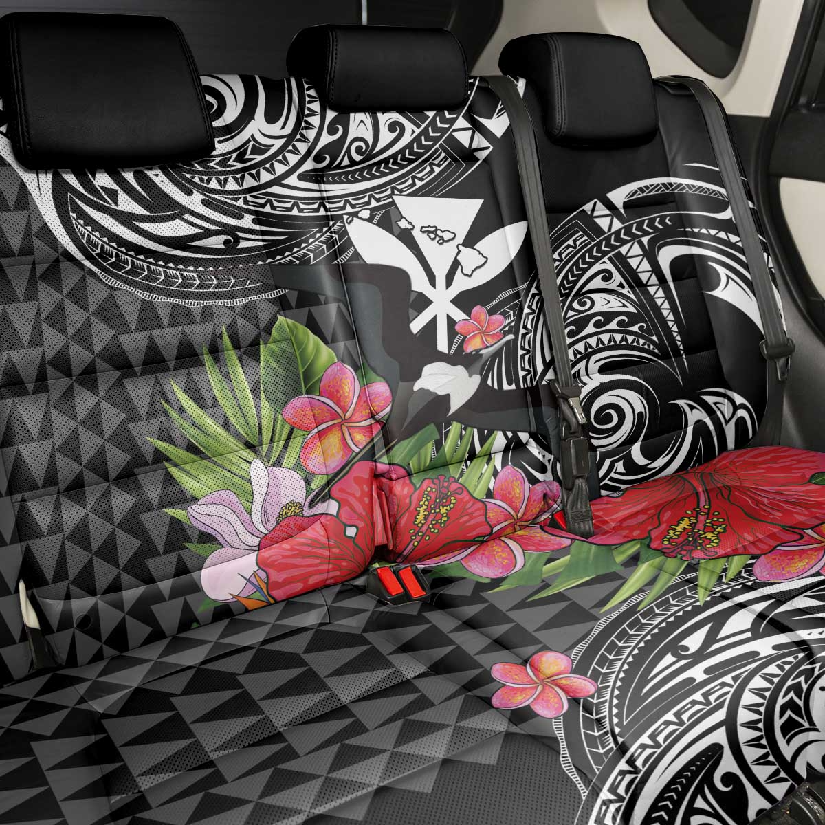 Hawaii Iwa Bird Back Car Seat Cover Great Frigatebird Kanaka Tropical Flowers - Polynesian Pride