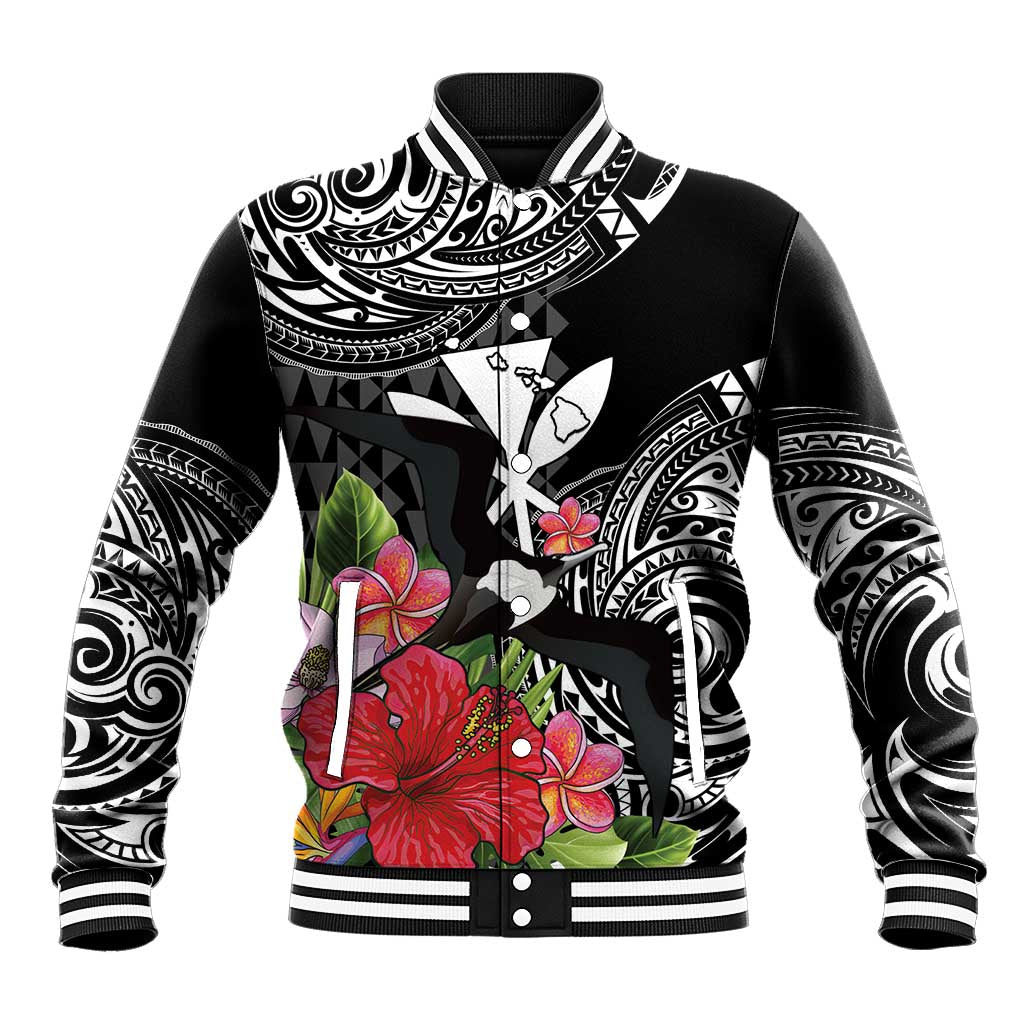 Hawaii Iwa Bird Baseball Jacket Great Frigatebird Kanaka Tropical Flowers - Polynesian Pride