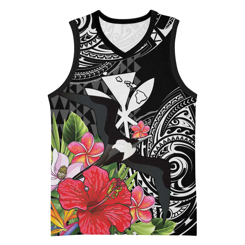 Hawaii Iwa Bird Basketball Jersey Great Frigatebird Kanaka Tropical Flowers - Polynesian Pride