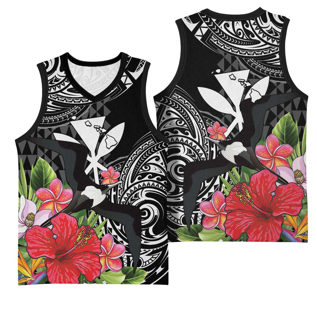 Hawaii Iwa Bird Basketball Jersey Great Frigatebird Kanaka Tropical Flowers - Polynesian Pride
