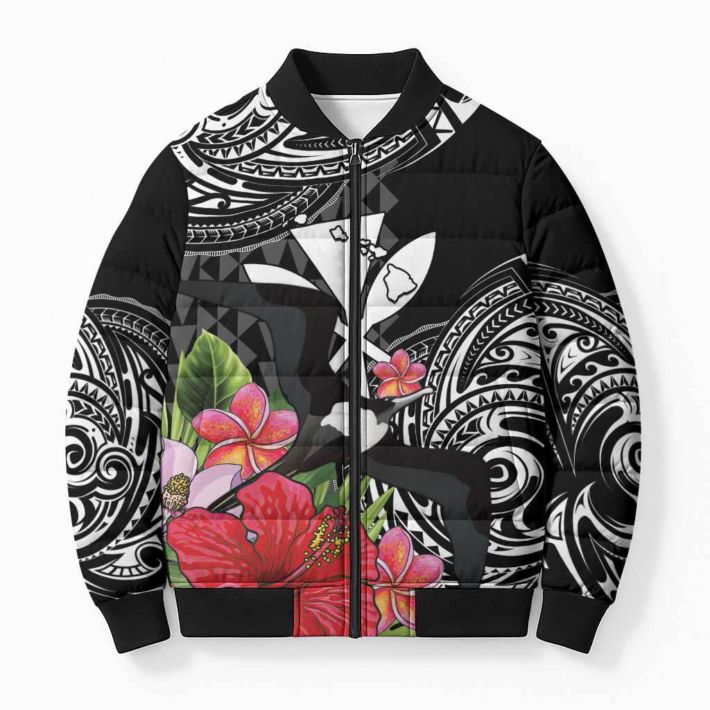 Hawaii Iwa Bird Bomber Puffer Jacket Great Frigatebird Kanaka Tropical Flowers - Polynesian Pride