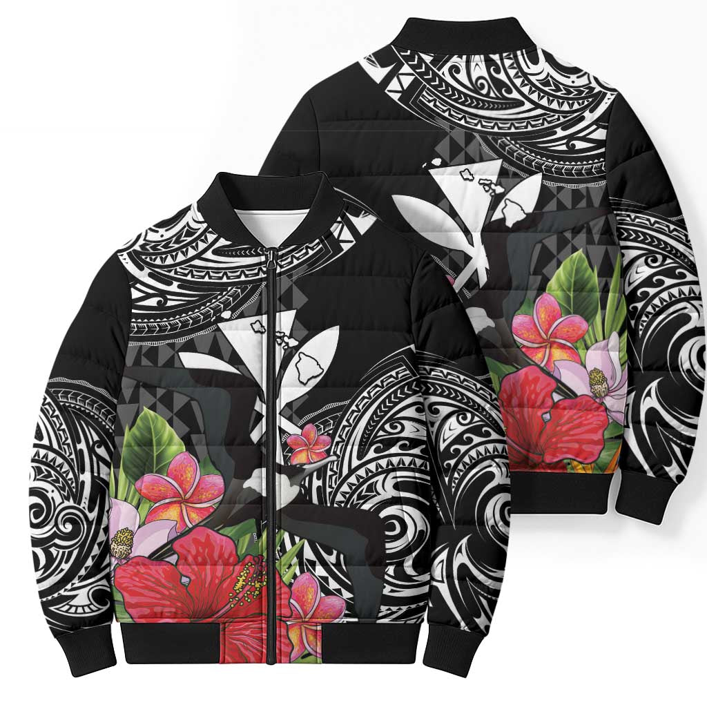Hawaii Iwa Bird Bomber Puffer Jacket Great Frigatebird Kanaka Tropical Flowers - Polynesian Pride
