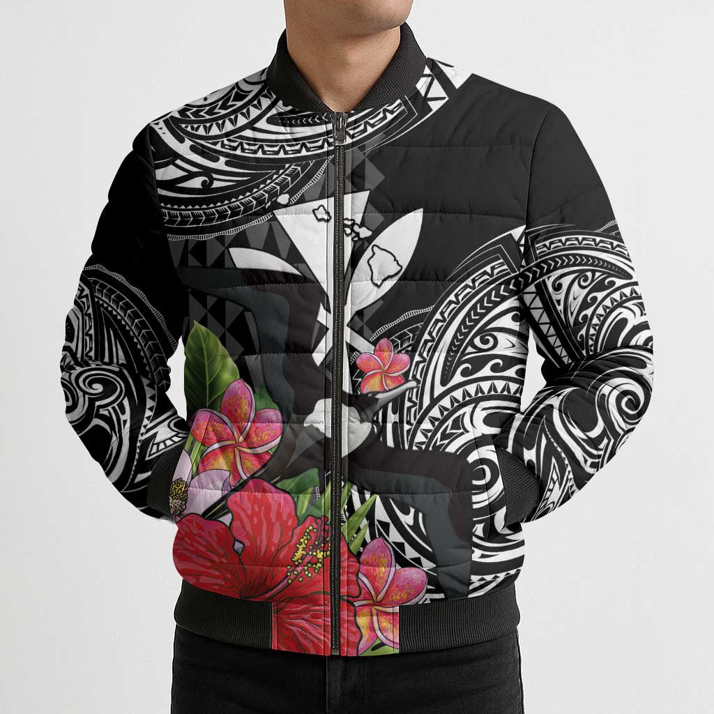 Hawaii Iwa Bird Bomber Puffer Jacket Great Frigatebird Kanaka Tropical Flowers - Polynesian Pride
