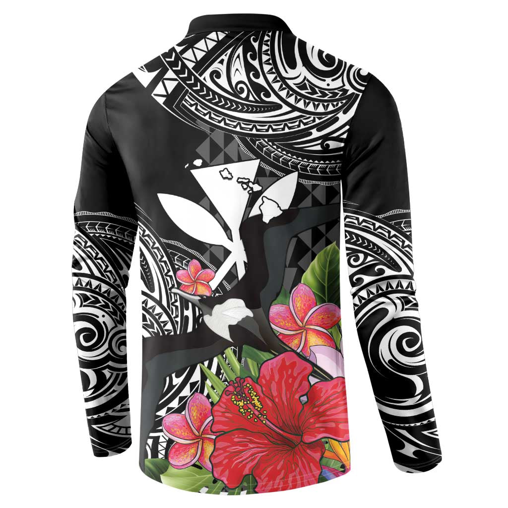Hawaii Iwa Bird Button Sweatshirt Great Frigatebird Kanaka Tropical Flowers - Polynesian Pride