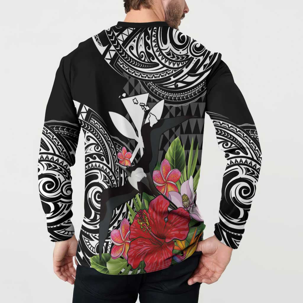 Hawaii Iwa Bird Button Sweatshirt Great Frigatebird Kanaka Tropical Flowers - Polynesian Pride