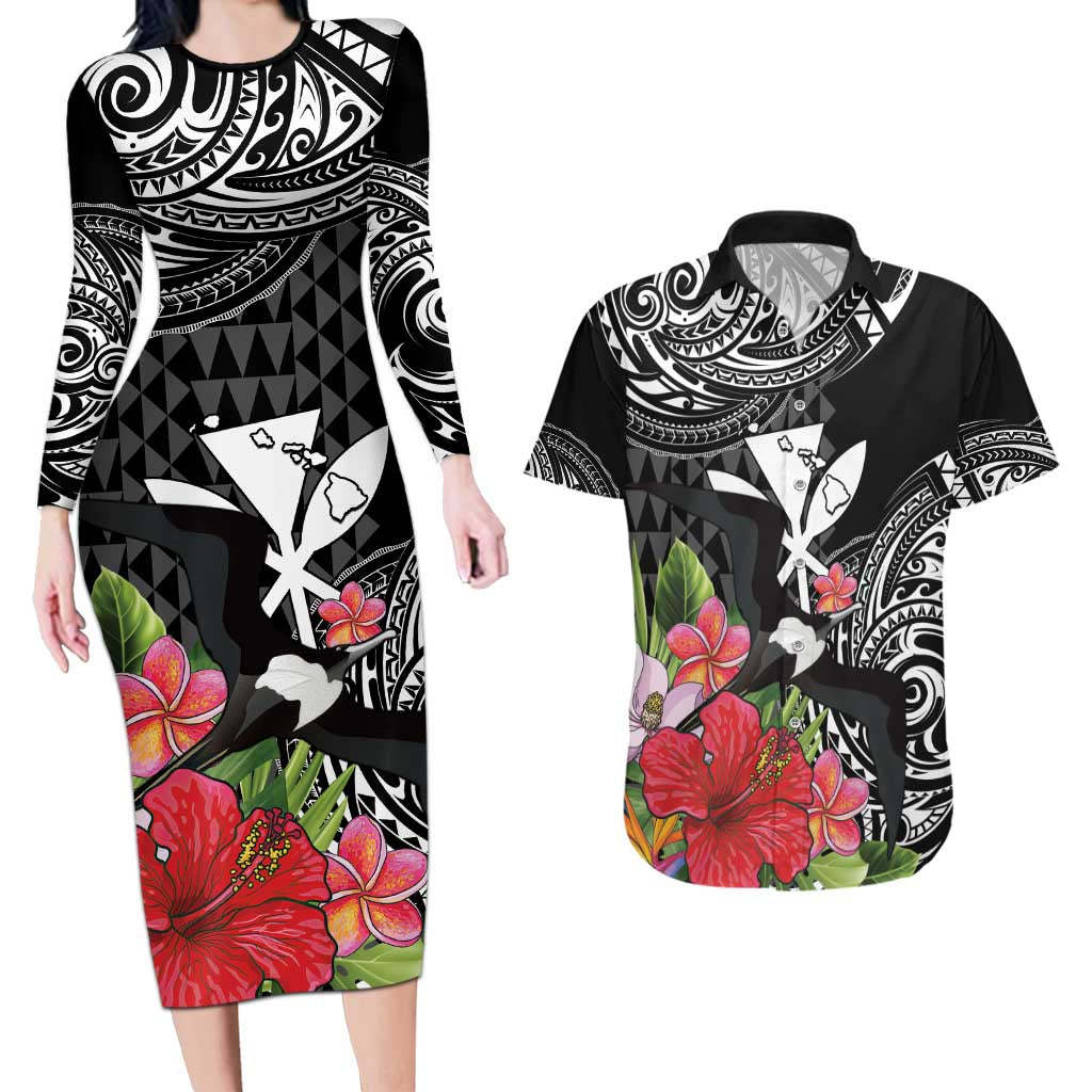 Hawaii Iwa Bird Couples Matching Long Sleeve Bodycon Dress and Hawaiian Shirt Great Frigatebird Kanaka Tropical Flowers - Polynesian Pride