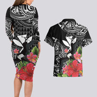 Hawaii Iwa Bird Couples Matching Long Sleeve Bodycon Dress and Hawaiian Shirt Great Frigatebird Kanaka Tropical Flowers - Polynesian Pride