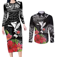 Hawaii Iwa Bird Couples Matching Long Sleeve Bodycon Dress and Long Sleeve Button Shirt Great Frigatebird Kanaka Tropical Flowers - Polynesian Pride