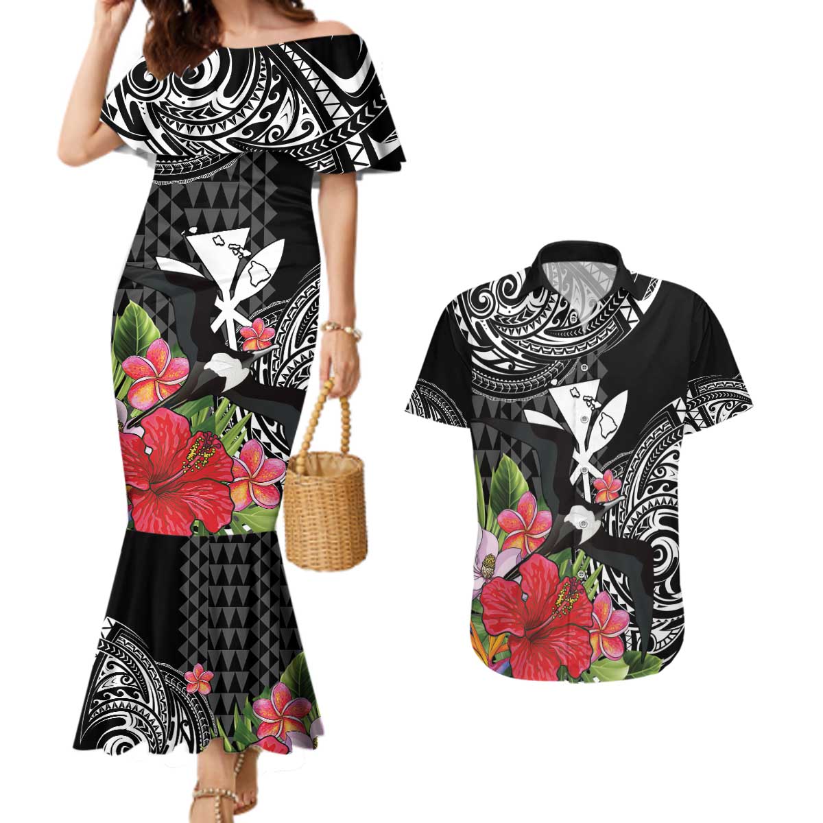 Hawaii Iwa Bird Couples Matching Mermaid Dress and Hawaiian Shirt Great Frigatebird Kanaka Tropical Flowers - Polynesian Pride