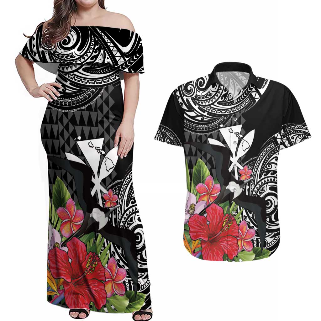 Hawaii Iwa Bird Couples Matching Off Shoulder Maxi Dress and Hawaiian Shirt Great Frigatebird Kanaka Tropical Flowers - Polynesian Pride
